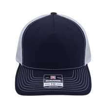 Load image into Gallery viewer, Richardson 112 original trucker hat, black/white five panel with black and holographic silver hand made vegan leather Alien by Buddha Gear