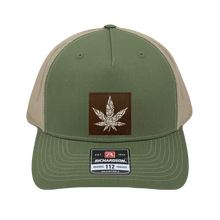 Load image into Gallery viewer, Richardson 112 trucker hat, olive/tan 5 panel with brown and white hand made, vegan leather cannabis patch by Buddha Gear
