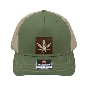 Richardson 112 trucker hat, olive/tan 5 panel with brown and white hand made, vegan leather cannabis patch by Buddha Gear