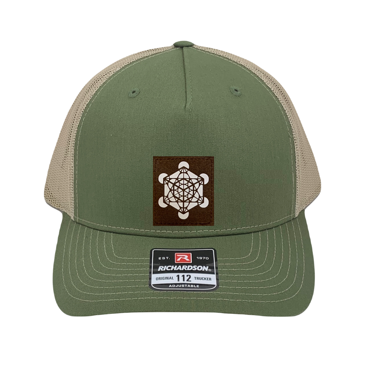 Richardson 112 trucker hat, olive/tan five panel with hand made, vegan leather brown/white Metatron's Cube by Buddha Gear