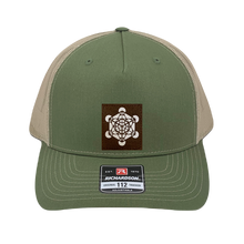 Load image into Gallery viewer, Richardson 112 trucker hat, olive/tan five panel with hand made, vegan leather brown/white Metatron&#39;s Cube by Buddha Gear