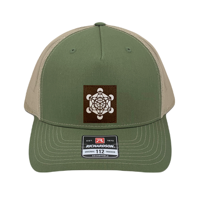 Richardson 112 trucker hat, olive/tan five panel with hand made, vegan leather brown/white Metatron's Cube by Buddha Gear