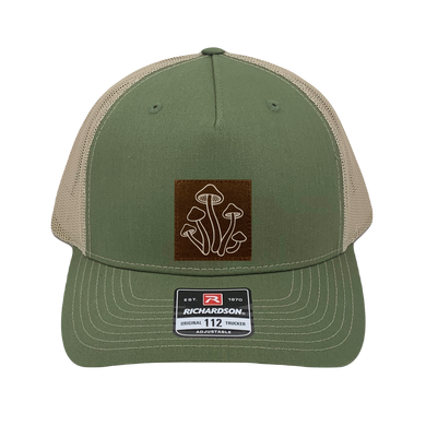 Richardson 112 trucker hat, olive/tan five panel hat with hand made, vegan leather brown/white Mushroom Patch by Buddha Gear