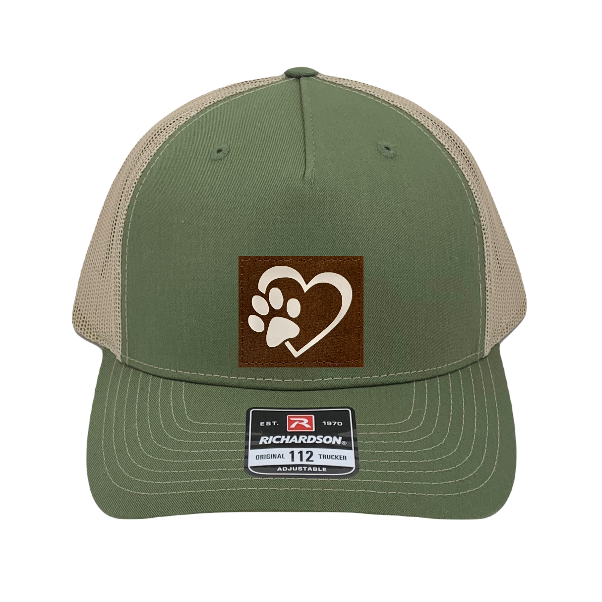 Richardson 112 trucker hat, olive/tan five panel hat with hand made, vegan leather brown/white Puppy Love patch by Buddha Gear