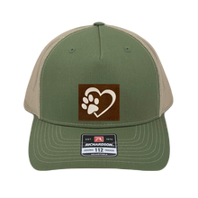 Load image into Gallery viewer, Richardson 112 trucker hat, olive/tan five panel hat with hand made, vegan leather brown/white Puppy Love patch by Buddha Gear