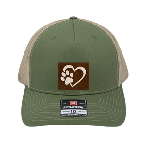 Richardson 112 trucker hat, olive/tan five panel hat with hand made, vegan leather brown/white Puppy Love patch by Buddha Gear