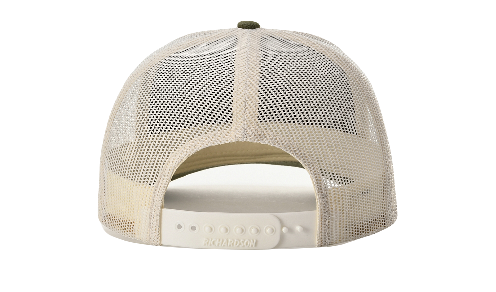 Richardson 112 trucker hat, olive/tan five panel with hand made, vegan leather brown/white Metatron's Cube by Buddha Gear