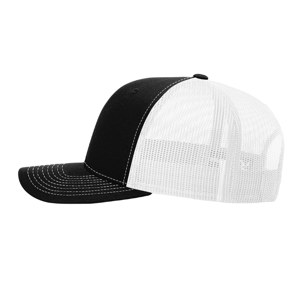 Richardson 112 original trucker hat, black/white five panel with black/white mushroom patch by Buddha Gear