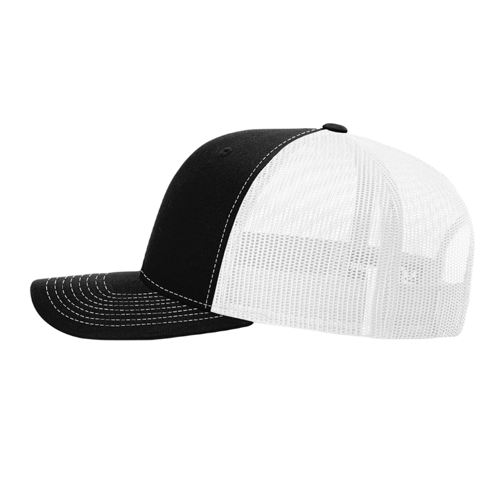 Richardson 112 original trucker hat, black/white five panel with black/white mushroom patch by Buddha Gear
