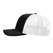 Load image into Gallery viewer, Richardson 112 original trucker hat, black/white five panel with black and holographic silver hand made vegan leather mushroom patch Buddha Gear