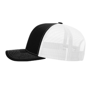 Richardson 112 original trucker hat, black/white five panel with black and holographic silver hand made vegan leather mushroom patch Buddha Gear