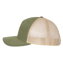 Load image into Gallery viewer, Richardson 112 trucker hat, olive/tan five panel with hand made, vegan leather brown/white Metatron&#39;s Cube by Buddha Gear