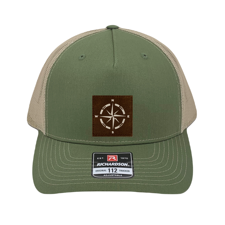 Richardson 112 original trucker hat, olive/tan five panel with brown/white compass