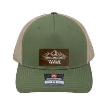 Load image into Gallery viewer, Richardson 112 trucker hat, olive/tan five panel hat with hand made, vegan leather brown/white Utah Mountains patch by Buddha Gear