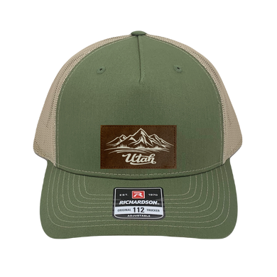 Richardson 112 trucker hat, olive/tan five panel hat with hand made, vegan leather brown/white Utah Mountains patch by Buddha Gear