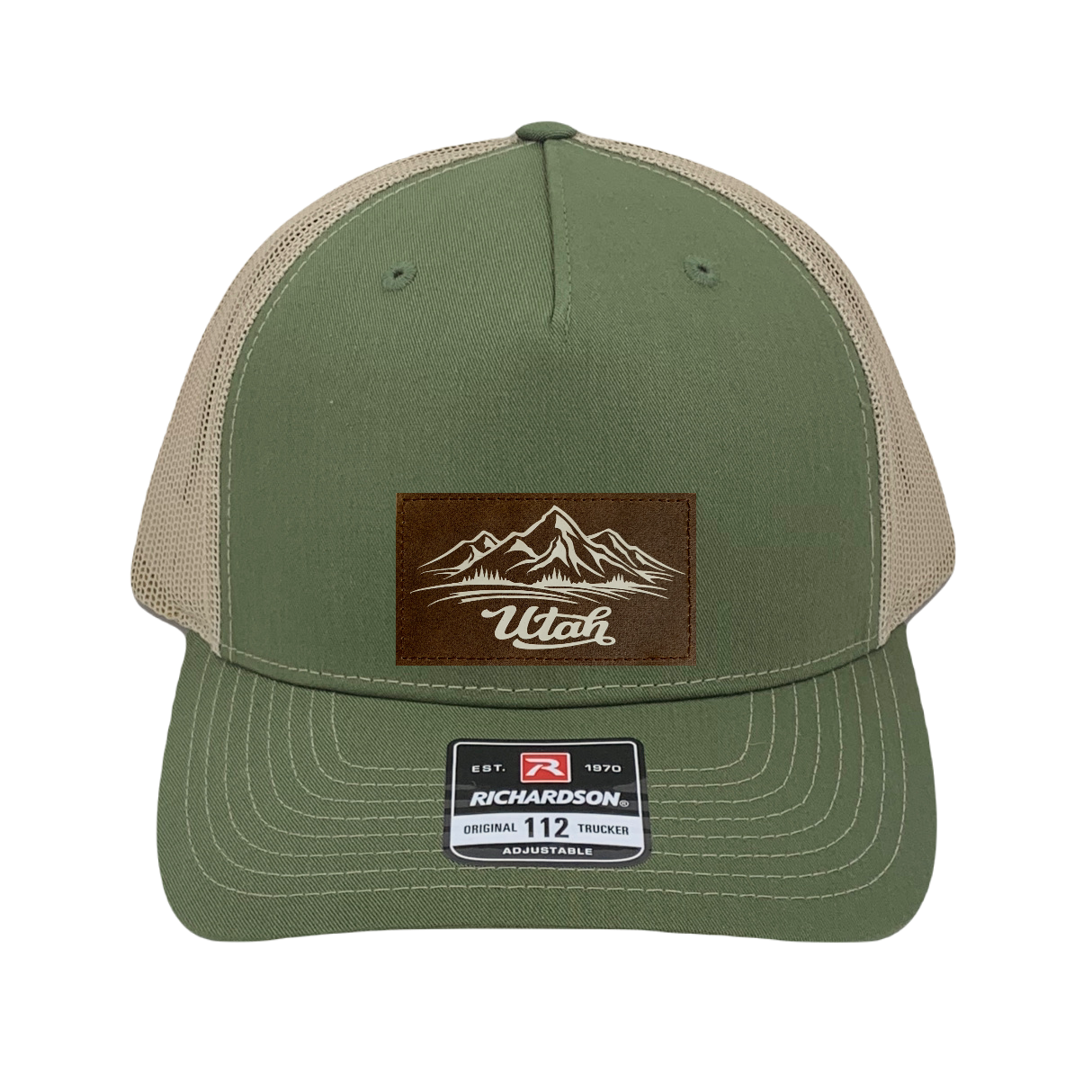 Richardson 112 trucker hat, olive/tan five panel hat with hand made, vegan leather brown/white Utah Mountains patch by Buddha Gear