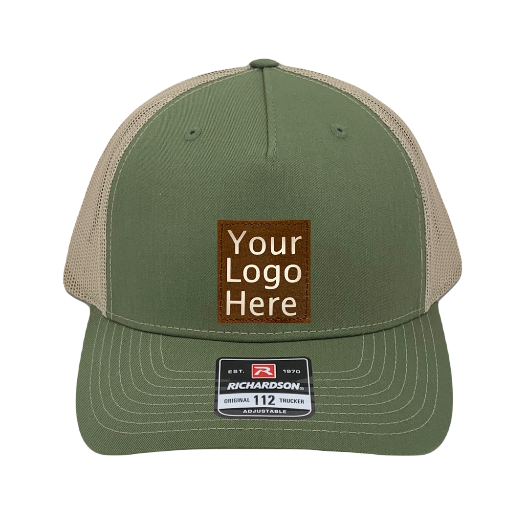 Richardson 112 trucker hat, olive/tan five panel hat with hand made, vegan leather brown/white custom Logo patch by Buddha Gear