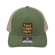 Load image into Gallery viewer, Richardson 112 trucker hat, olive/tan five panel hat with hand made, vegan leather brown/white custom Logo patch by Buddha Gear