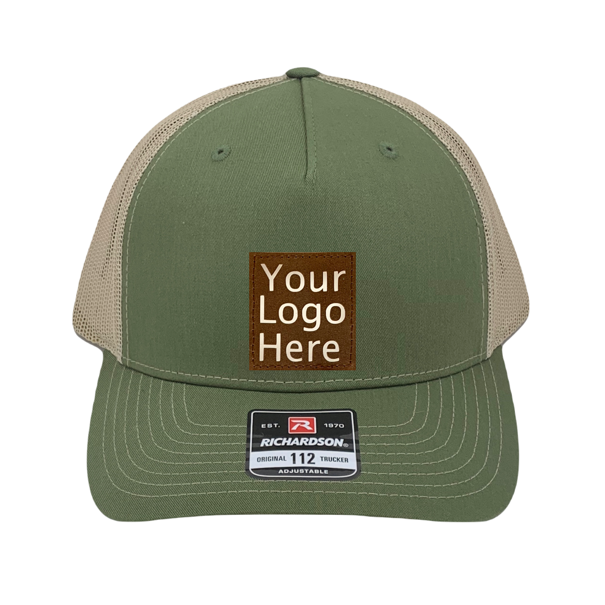 Richardson 112 trucker hat, olive/tan five panel hat with hand made, vegan leather brown/white custom Logo patch by Buddha Gear