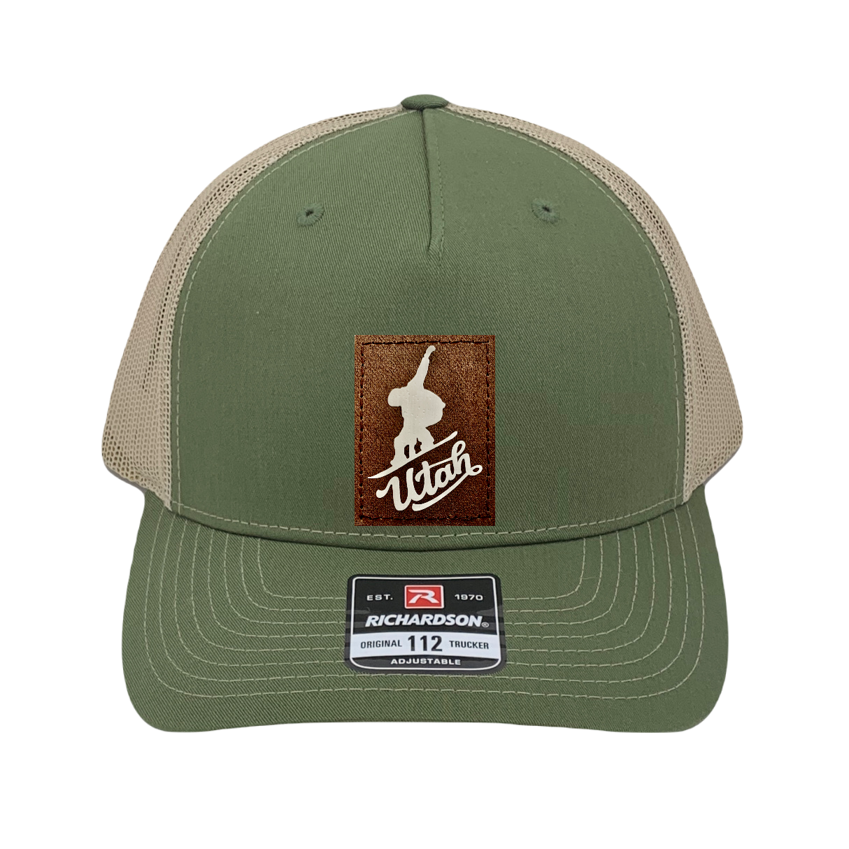 Richardson 112 trucker hat, olive/tan five panel hat with hand made, vegan leather brown/white Utah Snowboarder patch by Buddha Gear