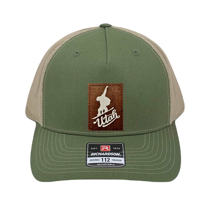 Richardson 112 trucker hat, olive/tan five panel hat with hand made, vegan leather brown/white Utah Snowboarder patch by Buddha Gear