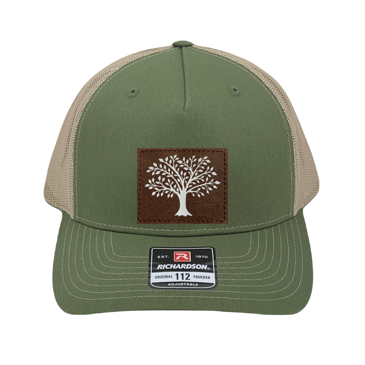 Richardson 112 trucker hat, olive/tan five panel hat with hand made, vegan leather brown/white Tree of Life patch by Buddha Gear