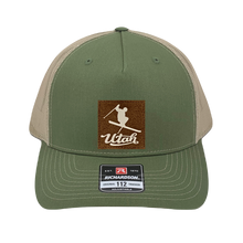 Load image into Gallery viewer, Richardson 112 trucker hat, olive/tan five panel hat with hand made, vegan leather brown/white Utah Skier patch by Buddha Gear