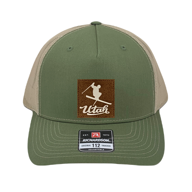 Richardson 112 trucker hat, olive/tan five panel hat with hand made, vegan leather brown/white Utah Skier patch by Buddha Gear