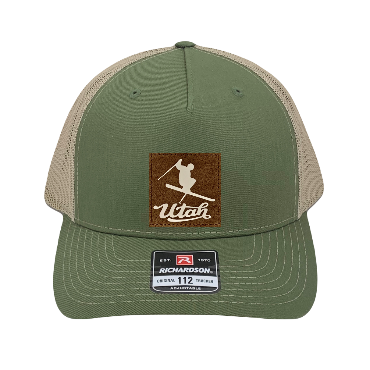 Richardson 112 trucker hat, olive/tan five panel hat with hand made, vegan leather brown/white Utah Skier patch by Buddha Gear