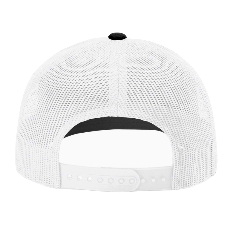 Richardson 112 original trucker hat, black/white five panel with black and holographic silver hand made vegan leather mushroom patch Buddha Gear