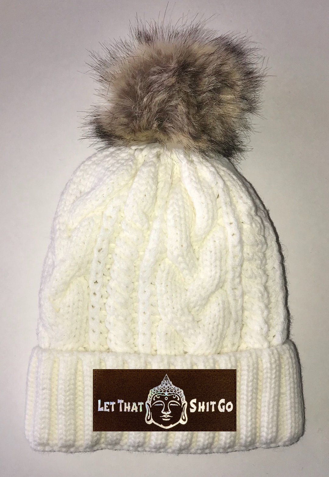 Buddha Beanies - Ivory Plush, Blanket Lined Cable Knit, Pom Pom Beanie Buddha Gear