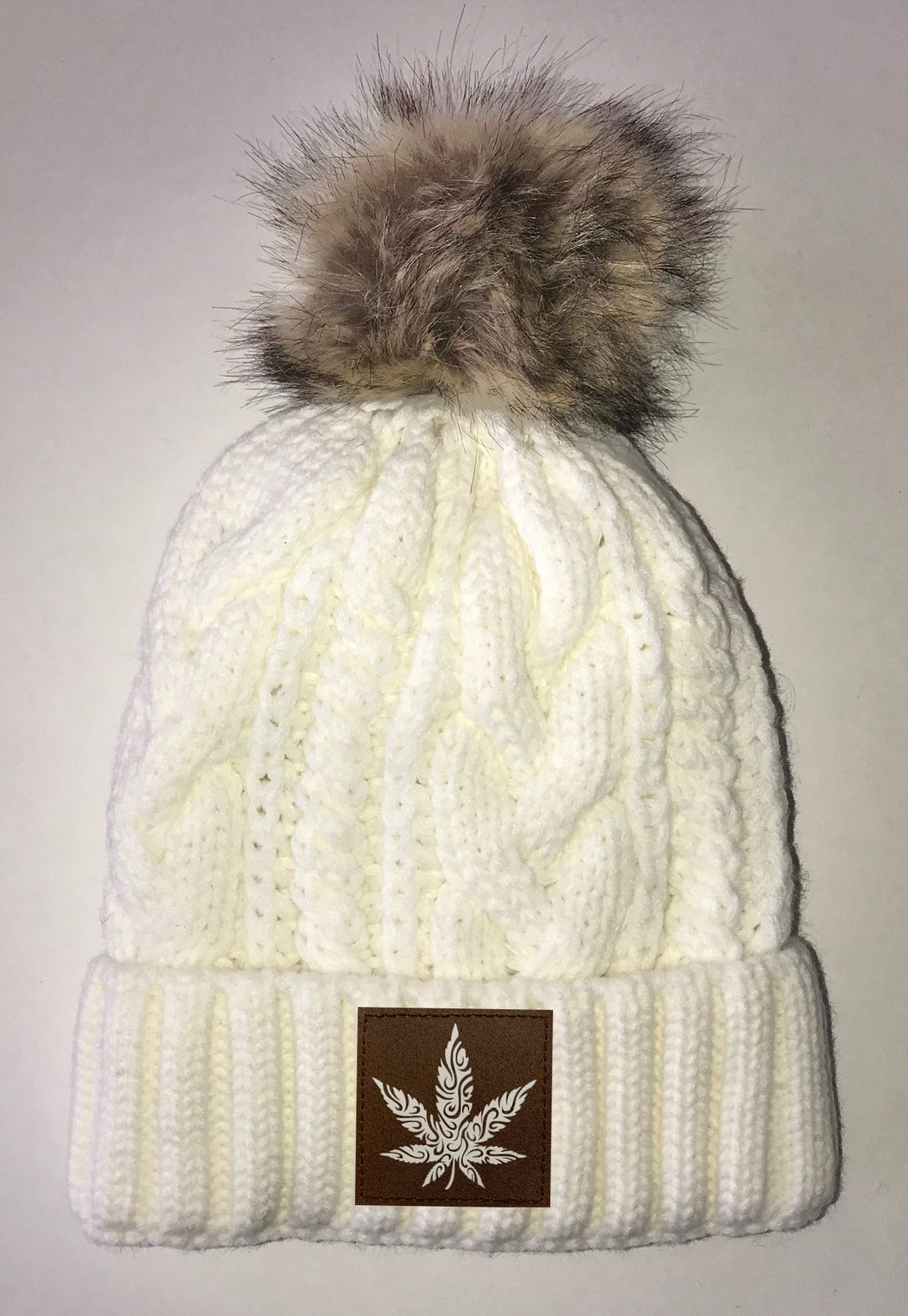 Cannabis Beanies - Ivory Plush, Blanket Lined Cable Knit, Pom Pom Beanie Buddha Gear