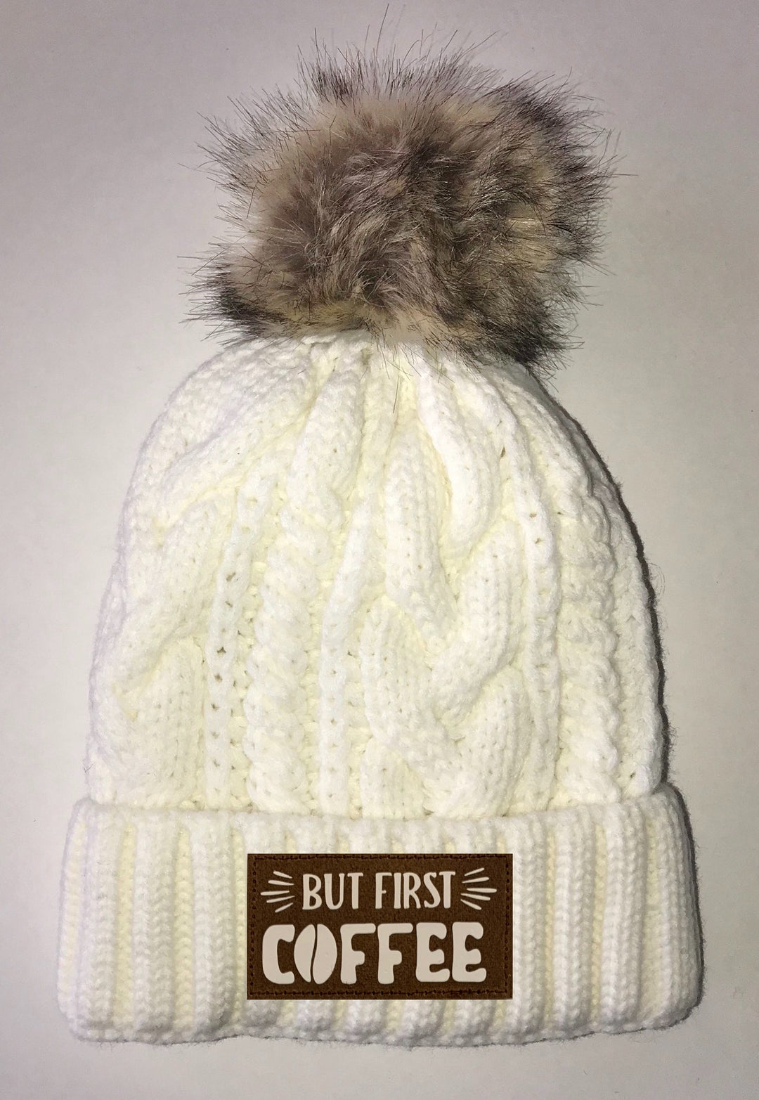 Coffee Beanies - Ivory Plush, Blanket Lined Cable Knit, Pom Pom Beanie Buddha Gear