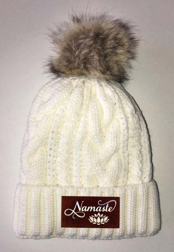Beanies - Ivory Plush, Blanket Lined Cable Knit, Pom Pom Beanie Buddha Gear namaste lotus