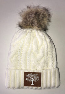 Tree of Life Beanies - Ivory Plush, Blanket Lined Cable Knit, Pom Pom Beanie Buddha Gear