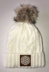 Flower of Life Beanies - Ivory Plush, Blanket Lined Cable Knit, Pom Pom Beanie Buddha Gear