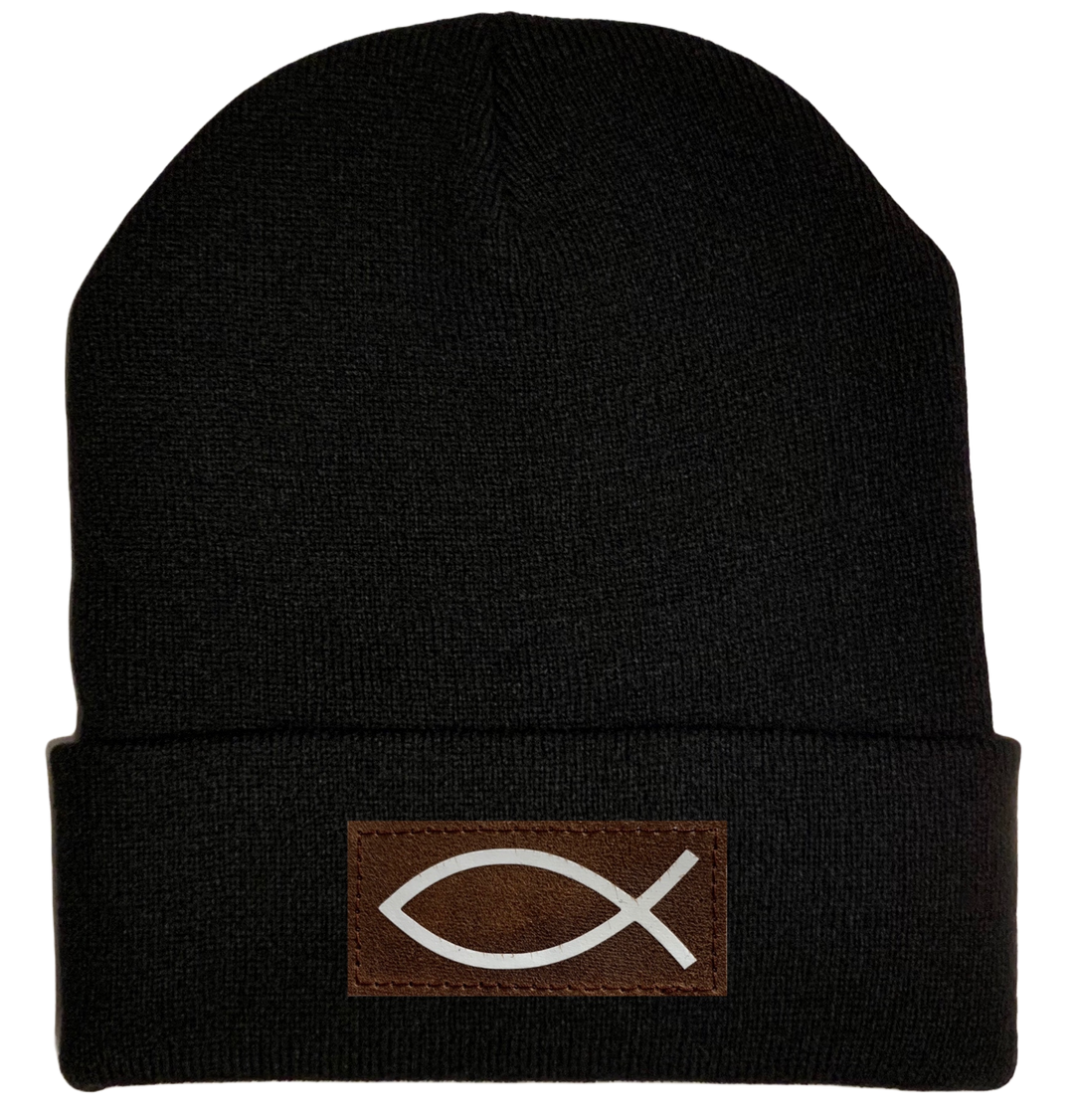 Beanie - Black, cuffed Beanie with  Christian Fish Ichthus buddha gear 