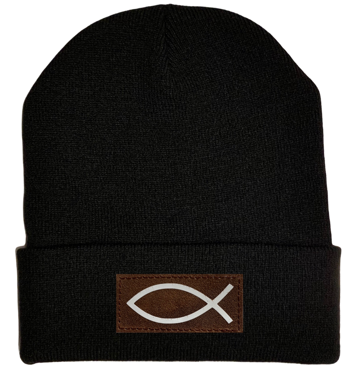 Beanie - Black, cuffed Beanie with  Christian Fish Ichthus buddha gear 