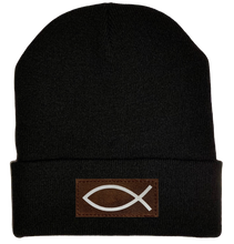 Load image into Gallery viewer, Beanie - Black, cuffed Beanie with  Christian Fish Ichthus buddha gear 