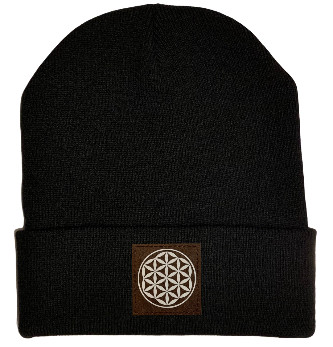 Beanie - Black, cuffed Beanie with flower of life vegan patch by buddha gear 