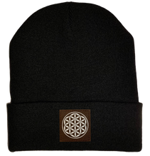 Load image into Gallery viewer, Beanie - Black, cuffed Beanie with flower of life vegan patch by buddha gear 