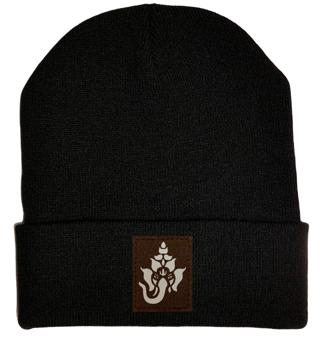 Beanie - Black, cuffed Beanie with ganesha elephant hindu vegan leather yoga hat by buddha gear