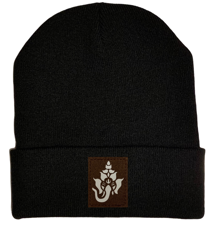 Beanie - Black, cuffed Beanie with ganesha elephant hindu vegan leather yoga hat by buddha gear