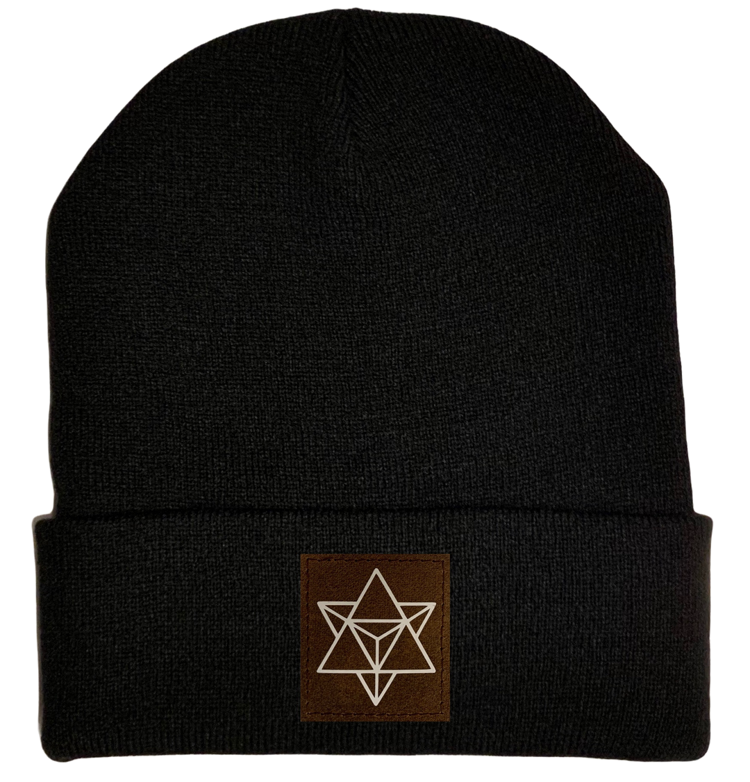 Beanie - Black, cuffed Beanie with sacred geometry merkaba buddha gear 