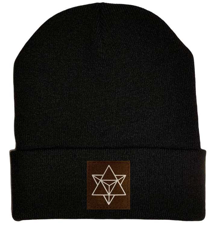 Beanie - Black, cuffed Beanie with sacred geometry merkaba buddha gear 