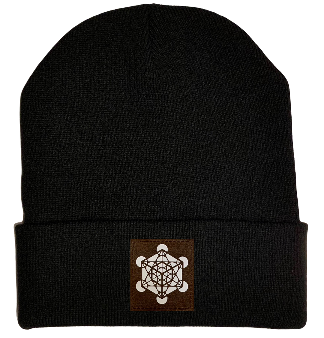 Beanie - Black, cuffed Beanie with Archangel Metatron's cube sacred geometry buddha gear 