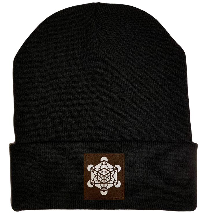 Beanie - Black, cuffed Beanie with Archangel Metatron's cube sacred geometry buddha gear 