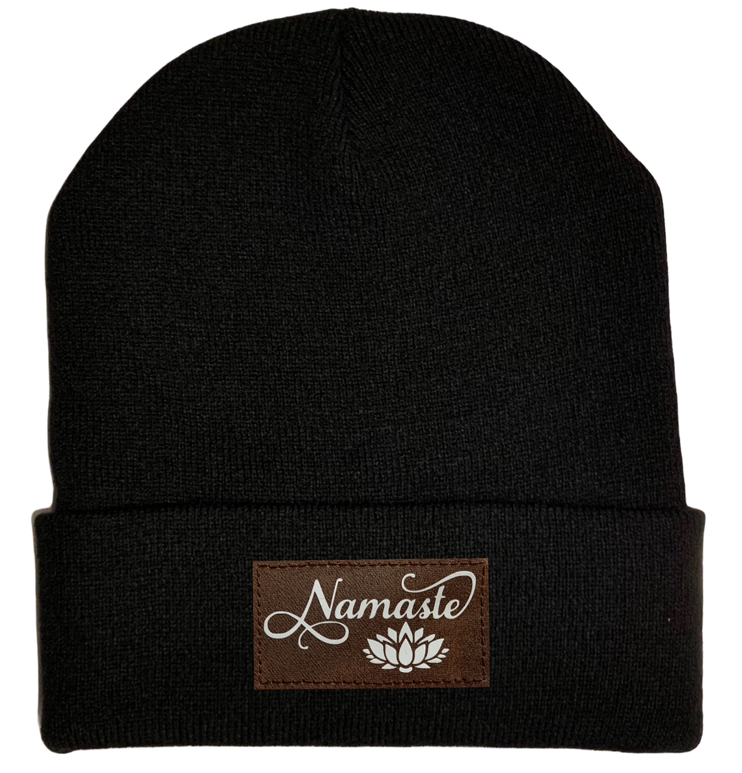 Beanie - Black, cuffed Beanie with namaste lotus vegan leather buddha gear 