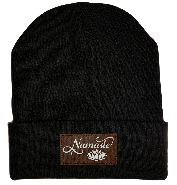 Beanie - Black, cuffed Beanie with namaste lotus vegan leather buddha gear 