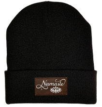 Load image into Gallery viewer, Beanie - Black, cuffed Beanie with namaste lotus vegan leather buddha gear 